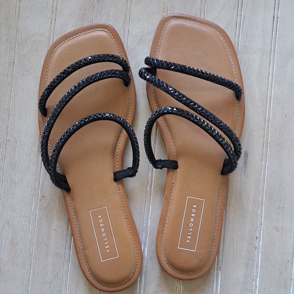 Yellow Box Darian Black Rhinestone Embellished Square Toe Flat Sandals